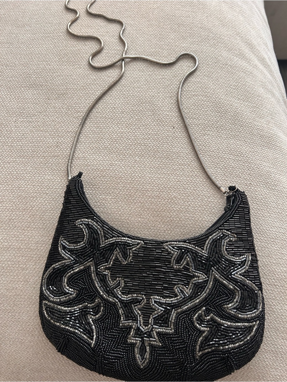 Black Beaded Crossbody Evening Bag with Silver Accents